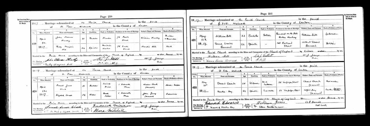 Marriage of Emma Barrand to William Hill 1917