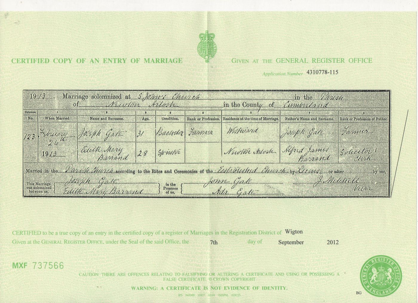 Marriage Certificate of Edith Mary Barrand and Joseph Gate