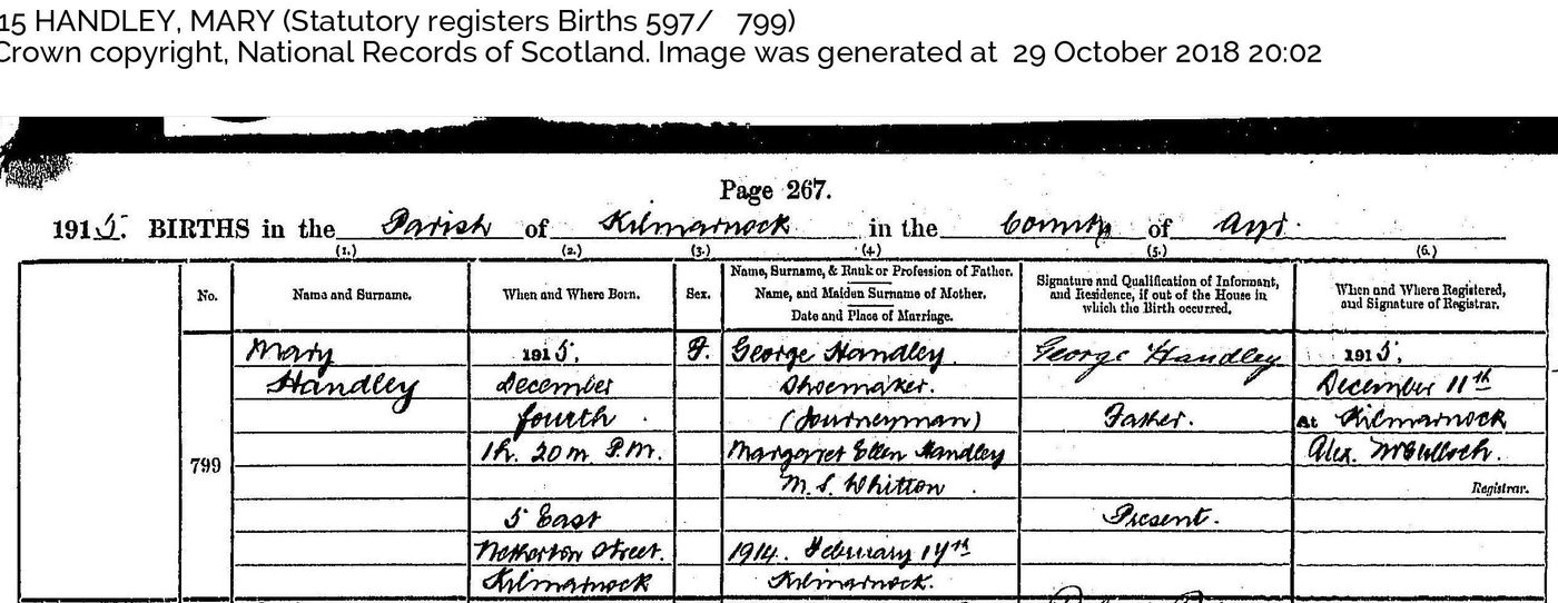 Birth Certificate – Mary Handley 1915