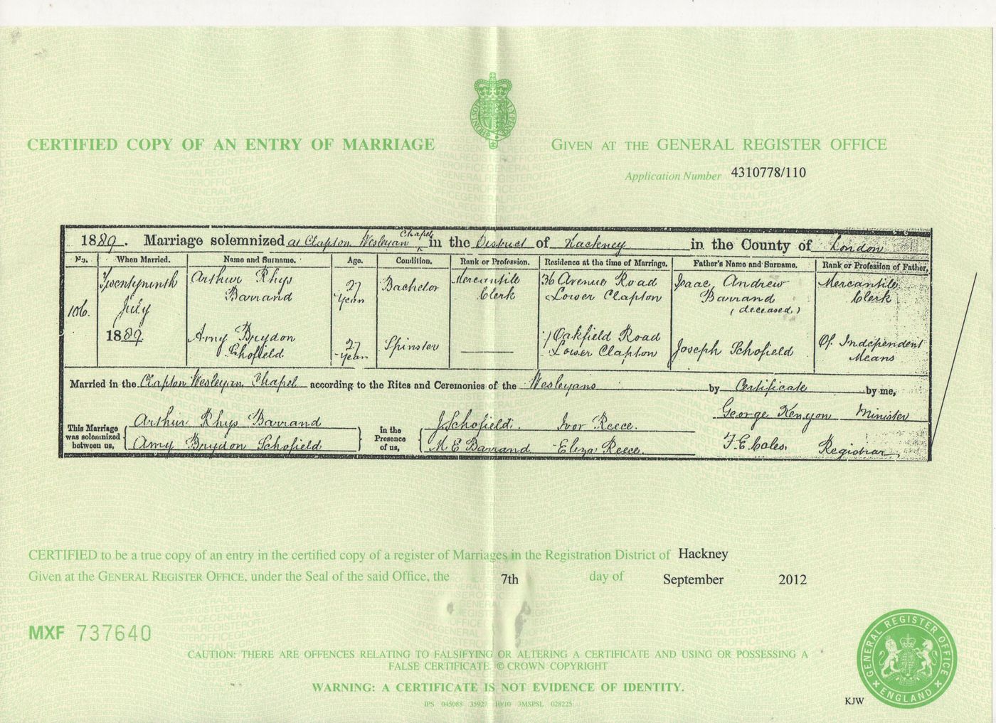 Marriage Certificate of Arthur Rhys Barrand + Amy Brydon Schofield 1889