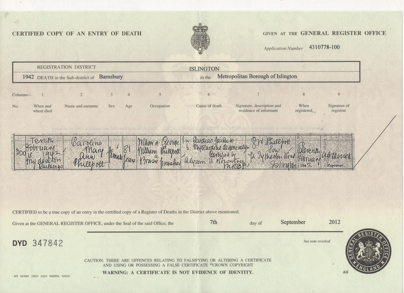 Death certificate of Caroline Mary Ann Phillpott (nee Barrand)