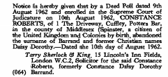 Signed Constance Roberts, formerly Constance Daisy Dorothy Barrand.