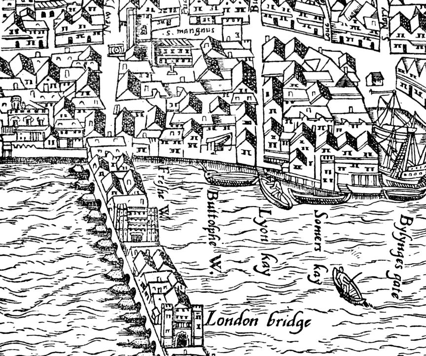 Map of 1633 showing Laurence Poutney Lane, Buttolph’s Wharfe Customs House