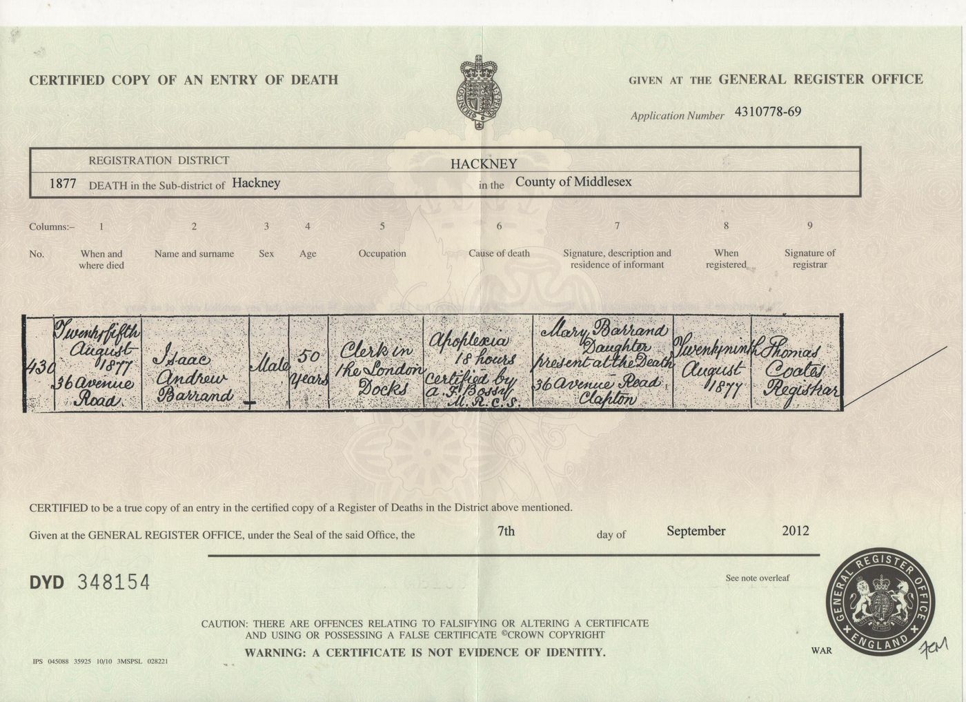 Death Certificate of Isaac Andrew Barrand