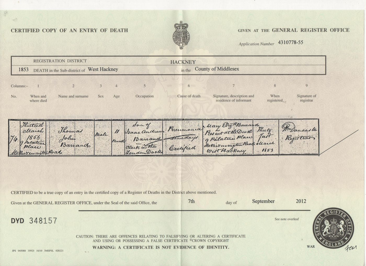 Death Certificate for Thomas John Barrand 1853