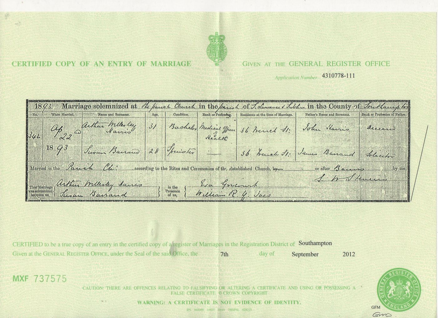 Marriage of Susanna Barrand + Arthur Harris