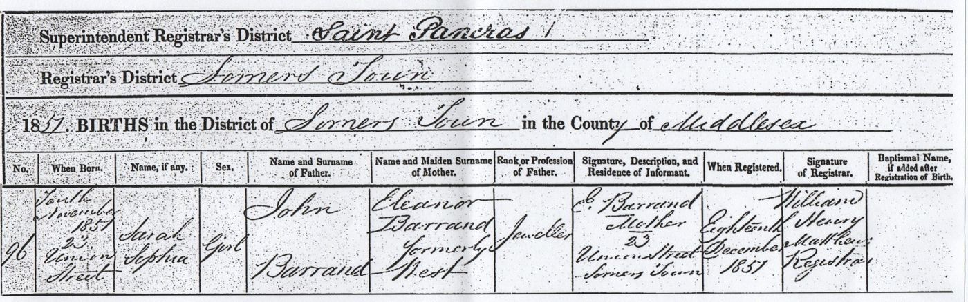 Birth Certificate – Sarah Sophia Barrand