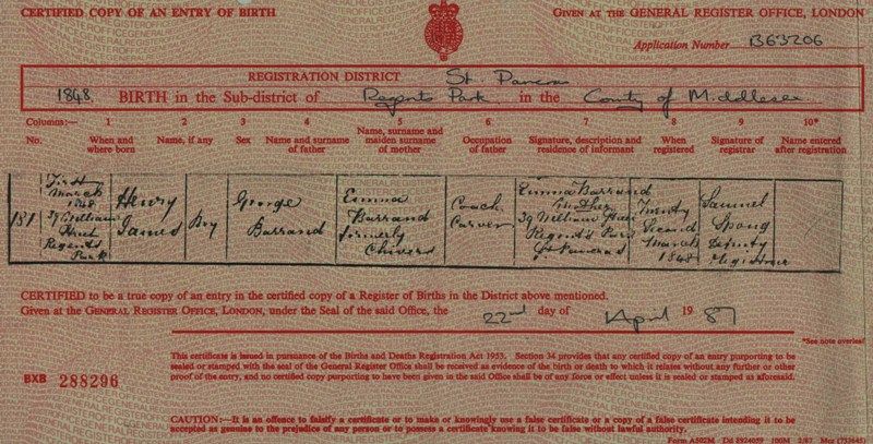 Birth Certificate for Henry James Barrand
