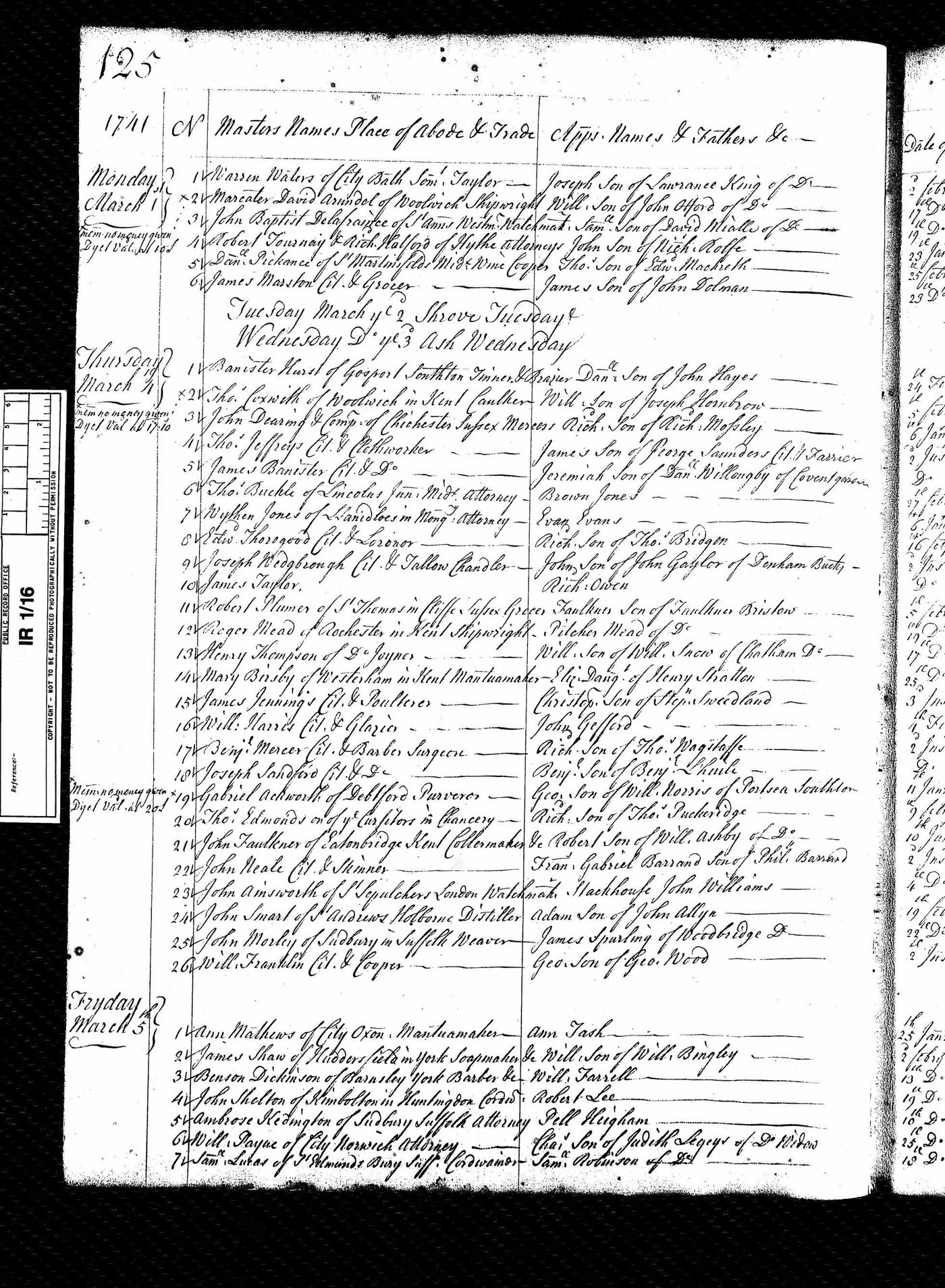 Apprentice Record of Francis Gabriel Barraud to John Neale (22nd March 1741)