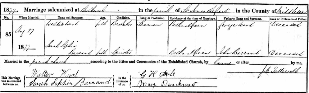 Marriage certificate of Sarah Sophia Barrand and Walter Wood