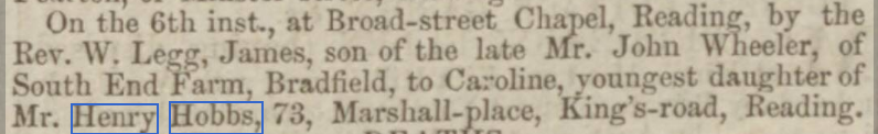 Newspaper advert of marriage of Caroline Hobbs to James Wheeler – Reading Mercury 8th March, 1856