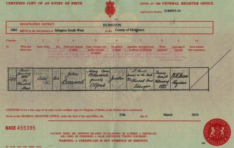 Birth Certificate of Ada Barrand 1885