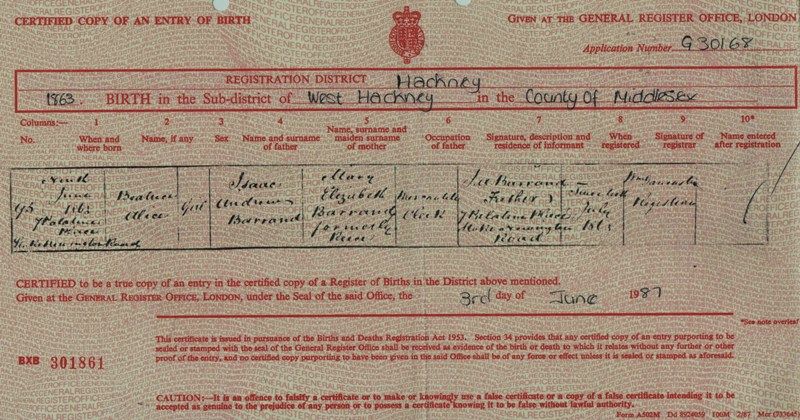 Birth Certificate Beatrice Alice Barrand
