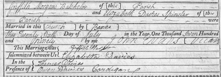 Marriage Certificate of Griffiths Morgan + Elizabeth Davies (parents of Margaret Morgan)