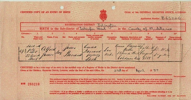 Birth Certificate of Alfred James Barrand