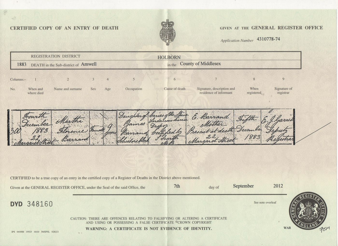 Death Certificate of Martha Florence Barrand 1883