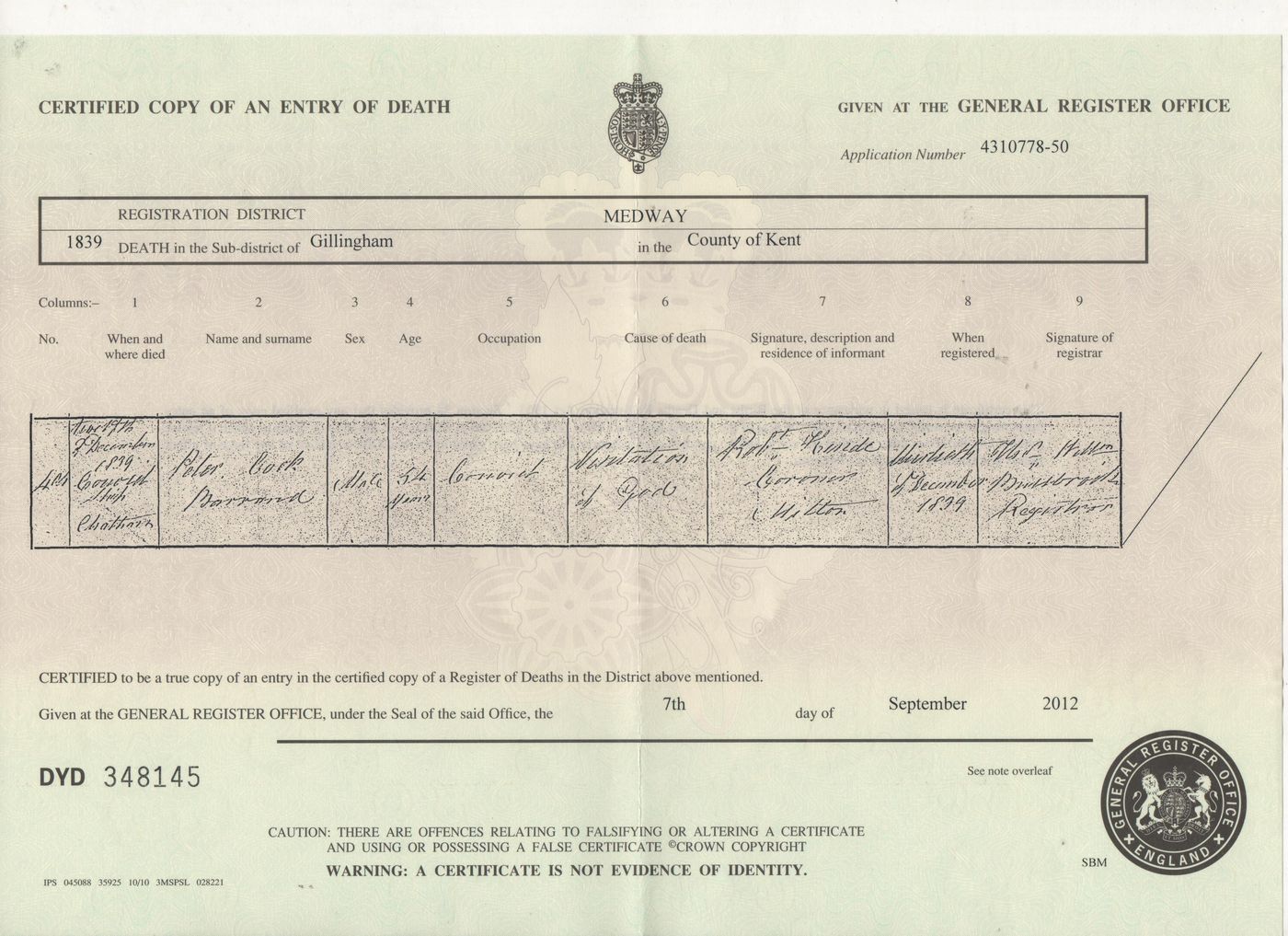 Death Certificate of Peter Cook Barrand