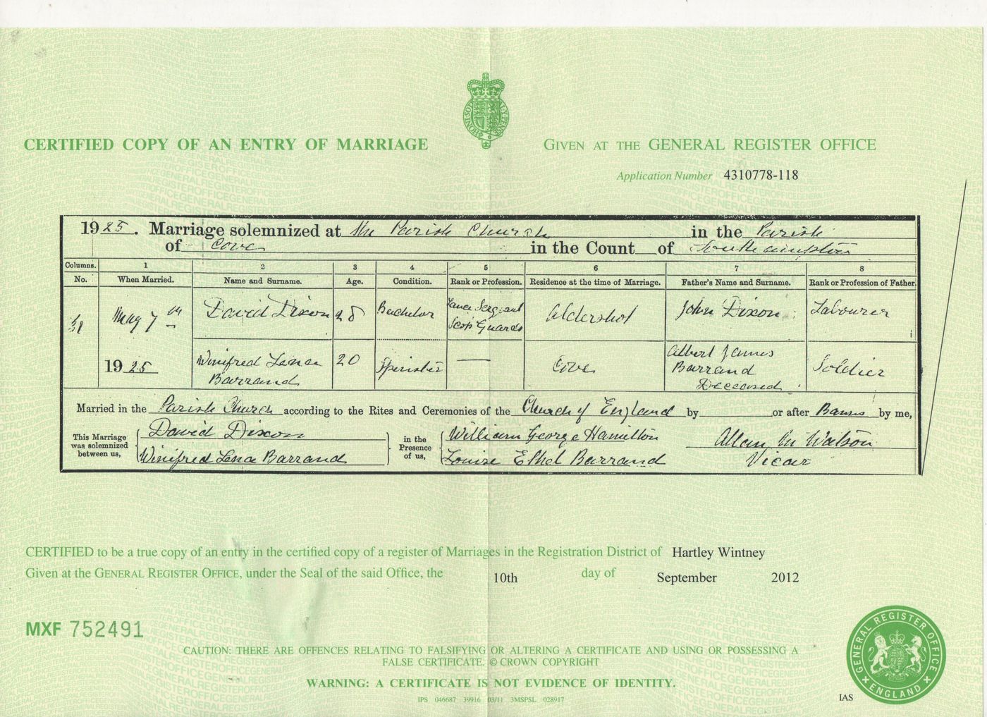 Marriage Certificate of Winifred Lena Barrand and David Dixon 1925