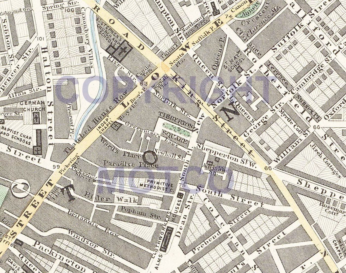 Map of 1860 showing Elder Walk between Lower Street and South Place which used to be Frog Lane.