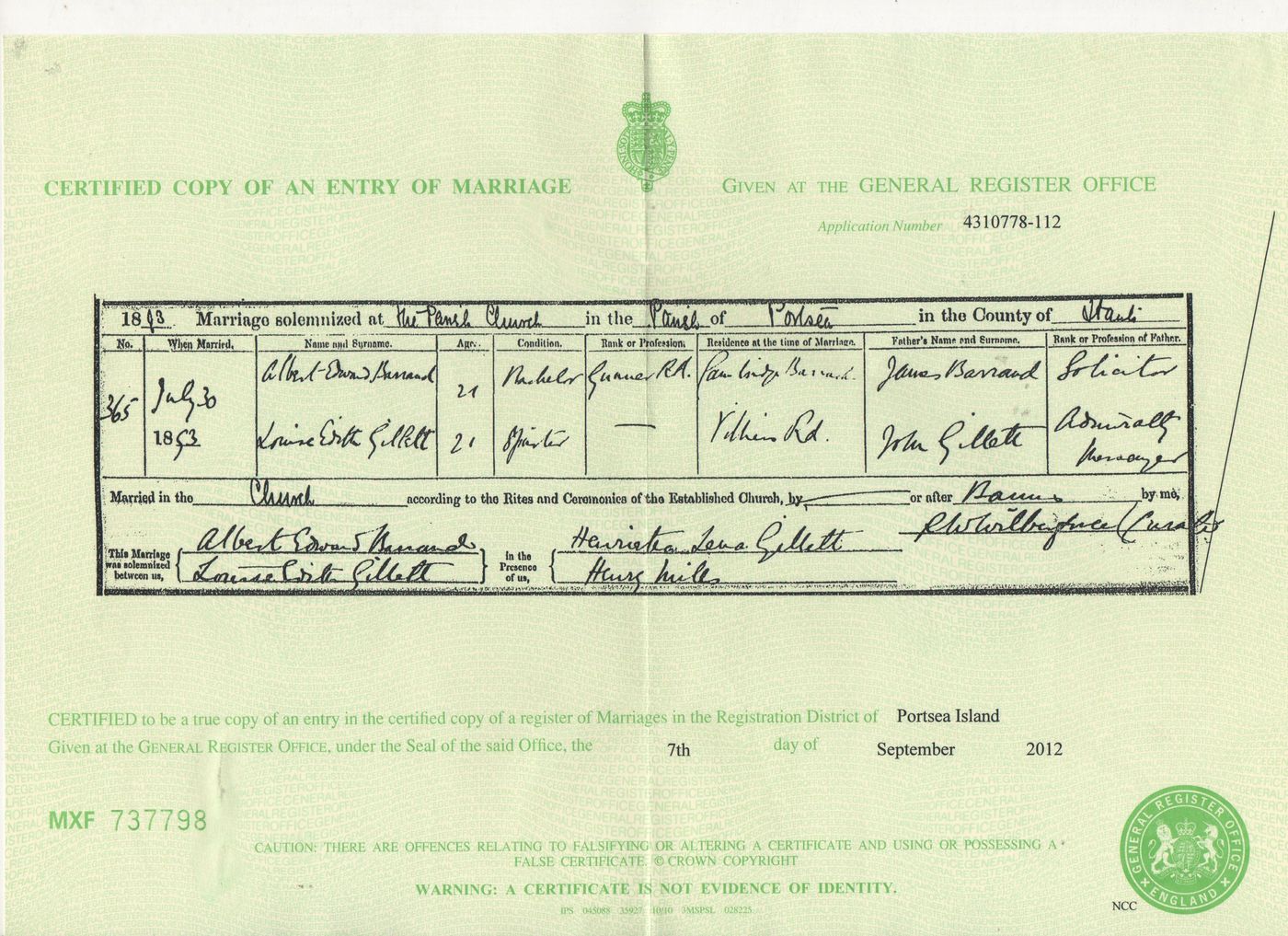 Marriage Certificate of Albert Edward Barrand + Louise Edith Marion Gillett 1893