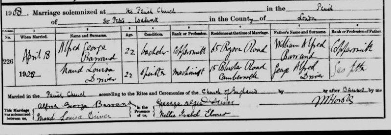 Marriage Certificate Alfred George and Maud Louise Driver