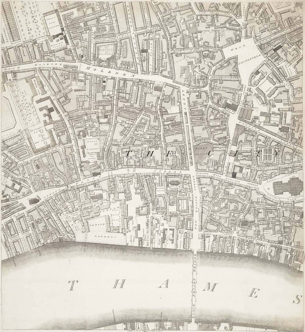 Richard Horwood map of 1792-1799 showing Chancery Lane, Bishop’s Court and Chichester Rents and the area of
