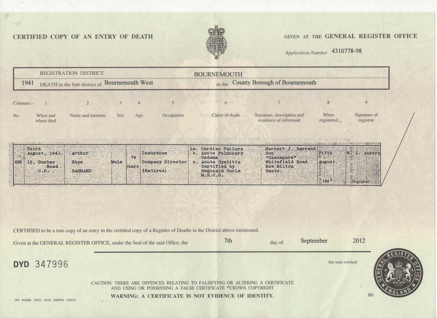 Death Certificate for Arthur Rhys Barrand 1941
