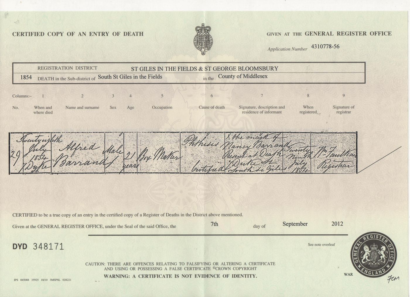 Death Certificate of Alfred Barrand 1854